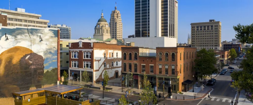 Downtown Fort Wayne Indiana city buildings and skyline